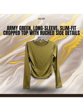 Army Green Long-Sleeve Slim-Fit Cropped Top With Ruched Side Details
